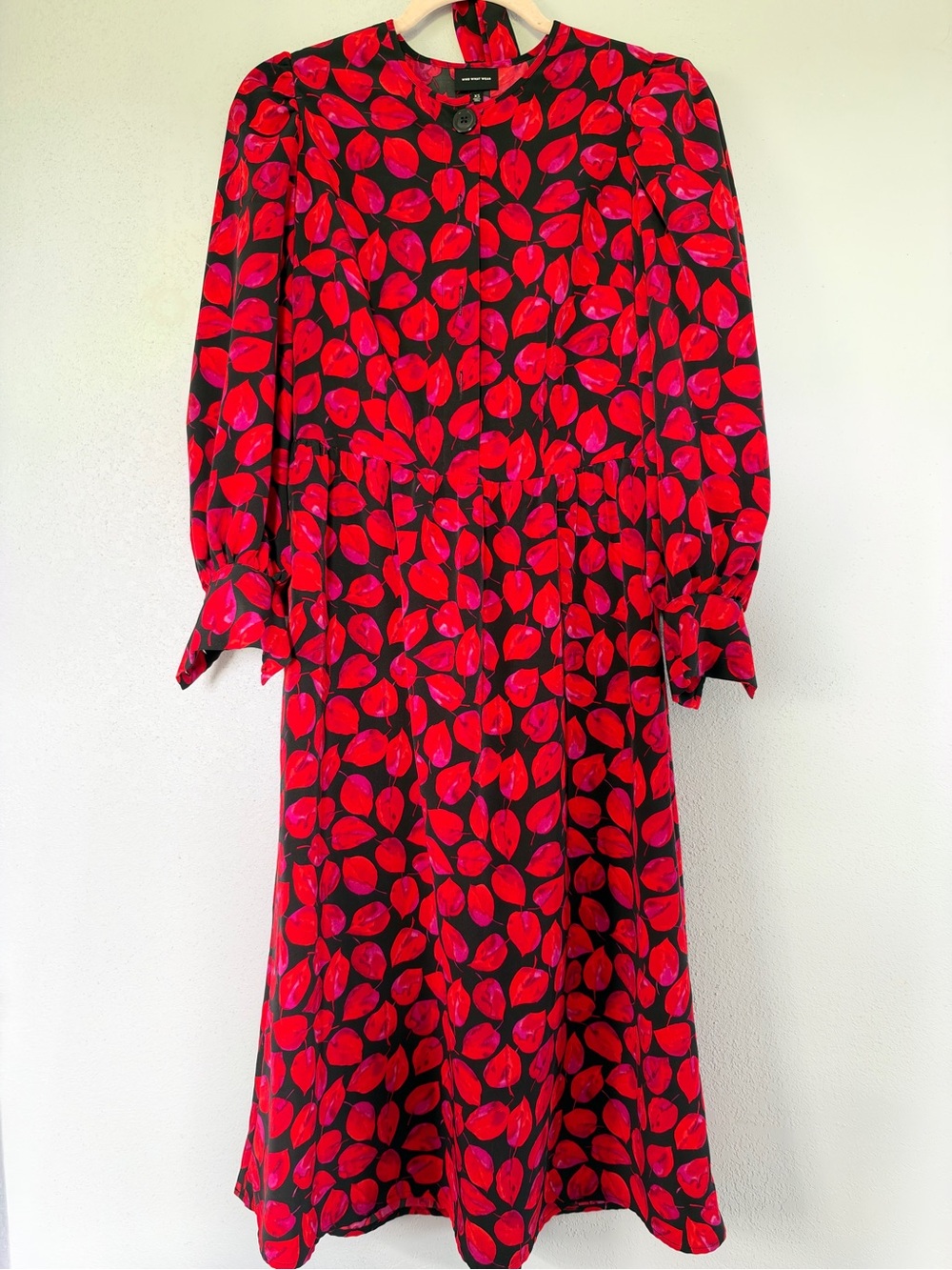 Who What Wear Red Leaf-Print Long Sleeve Midi Dress Size XS